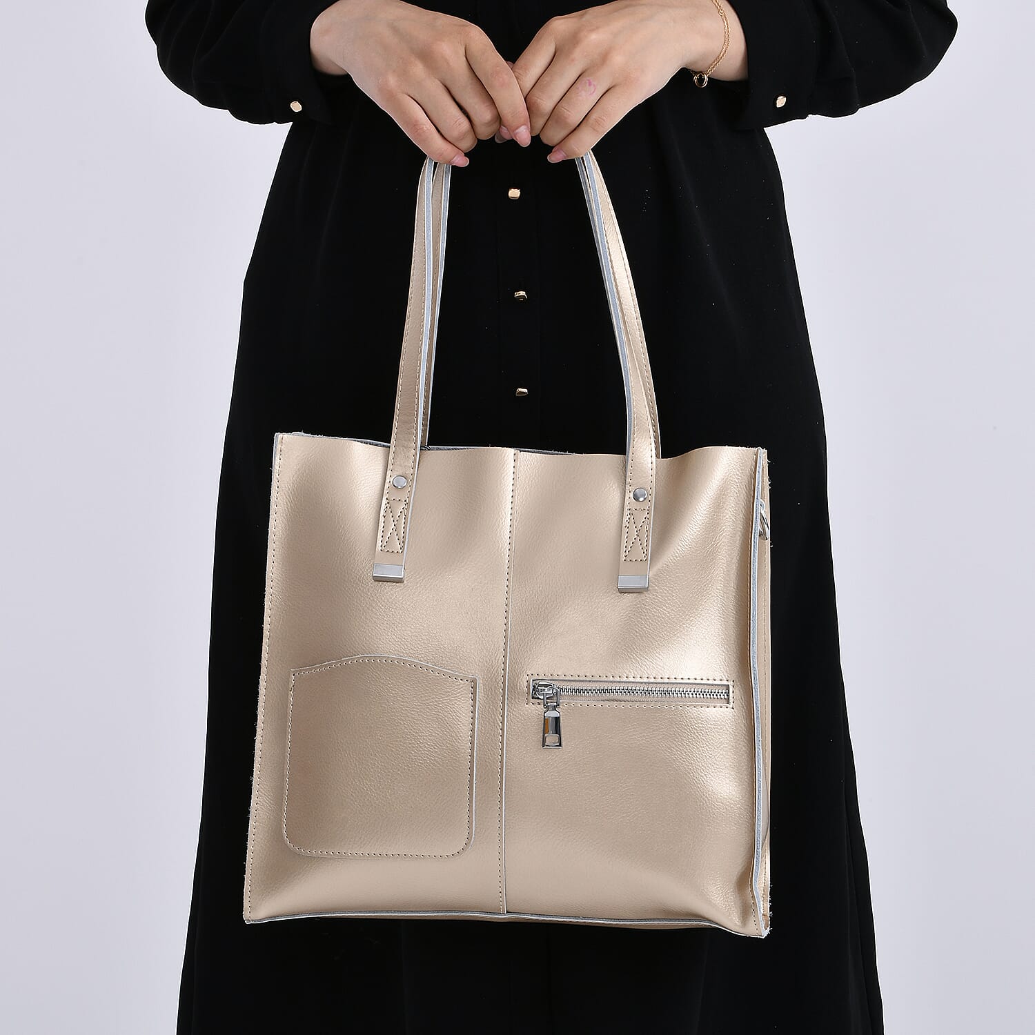 Sumptuous Quality 100% Genuine Leather Large Tote Bag with Shoulder Strap - Gold