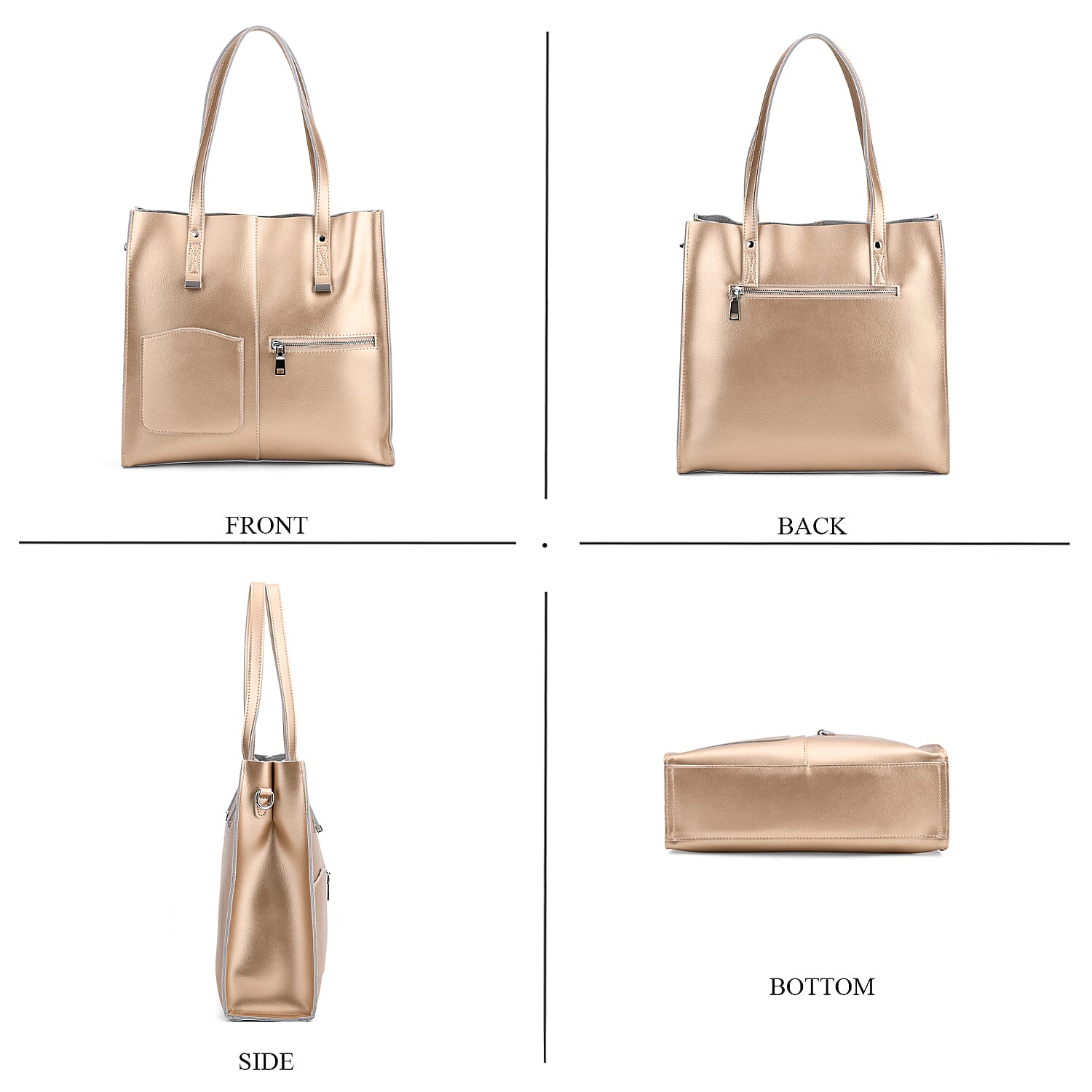 Sumptuous Quality 100% Genuine Leather Large Tote Bag with Shoulder Strap - Gold