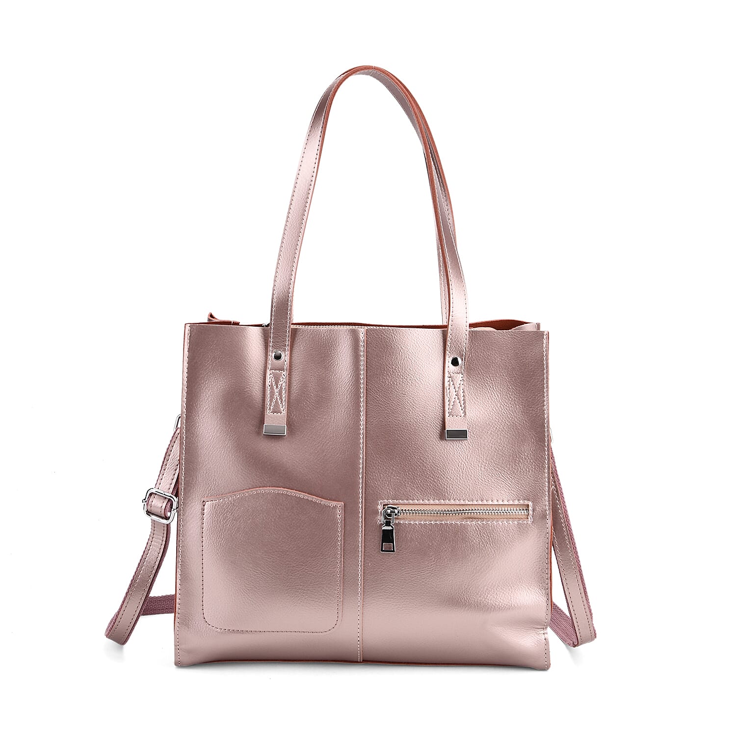 Sumptuous Quality 100% Genuine Leather LARGE Tote Bag with Shoulder Strap - Black - Pink