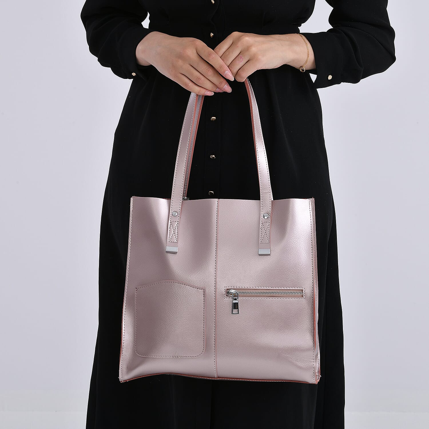 Sumptuous Quality 100% Genuine Leather LARGE Tote Bag with Shoulder Strap - Black - Pink