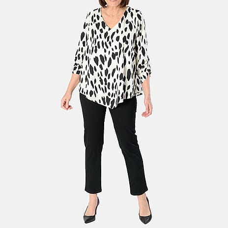 Emily Animal Printed V-Neck Top (Size 10) - Black - White