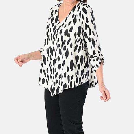 Emily Animal Printed V-Neck Top (Size 14) - Black - White