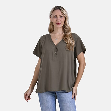 Tamsy Short Frill Sleeve V-Neck Relaxed fit Blouse (Size L-XL) - Green