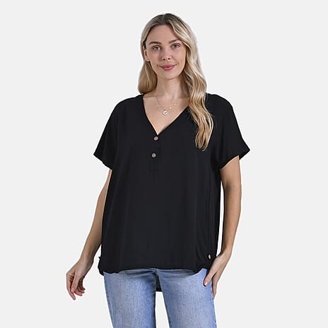 Style By Frill Sleeve V-Neck Printed Blouse (Size L-XL) - Black