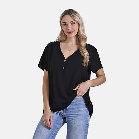 Style By Frill Sleeve V-Neck Printed Blouse (Size L-XL) - Black