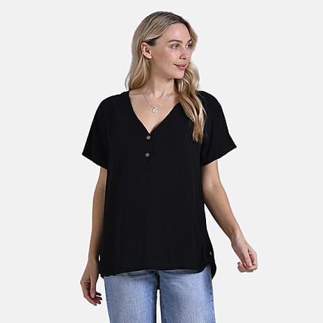 Style By Frill Sleeve V-Neck Printed Blouse (Size L-XL) - Black