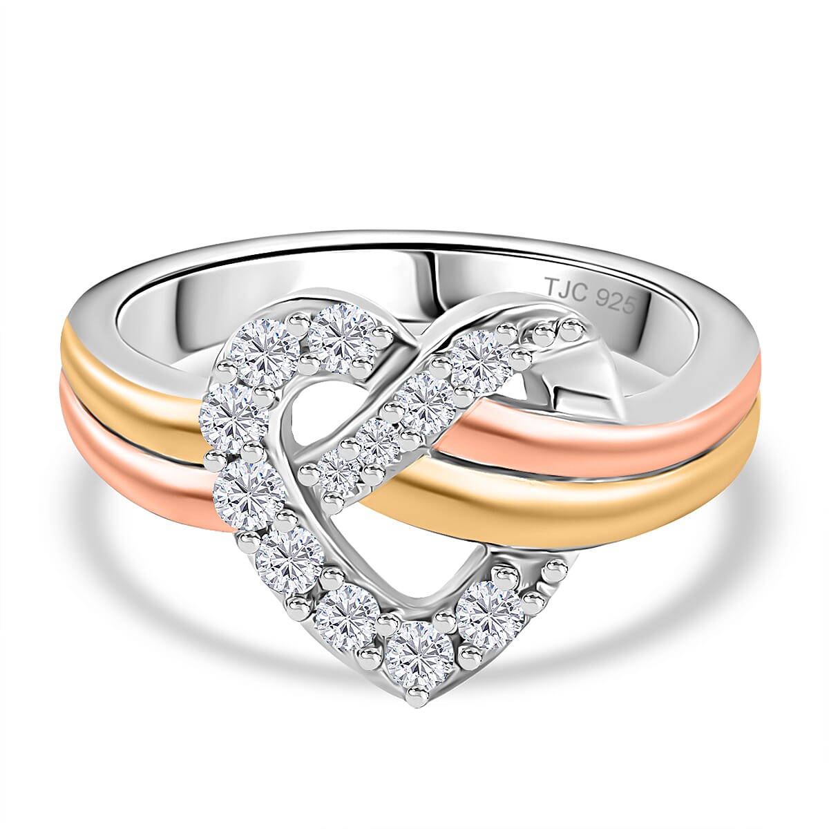 GP - Amore Collection Lab Grown Diamond and Blue Sapphire Heart Ring in 18K Vermeil Yellow Gold Plated and Rhodium Overlay Sterling Silver