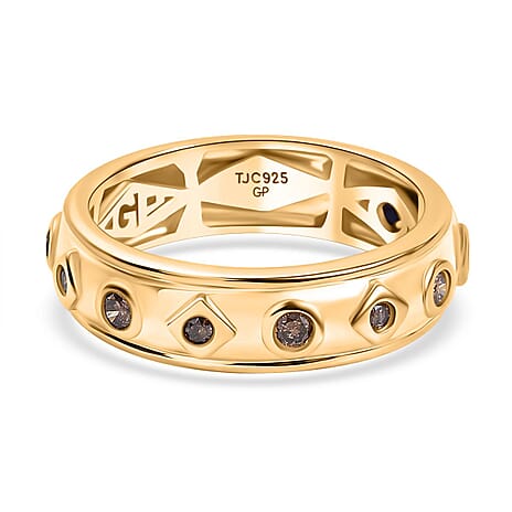 GP Art Deco Collection - Natural Champagne Diamond & Blue Sapphire Band Ring in 18K Vermeil Yellow Gold Plated Sterling Silver