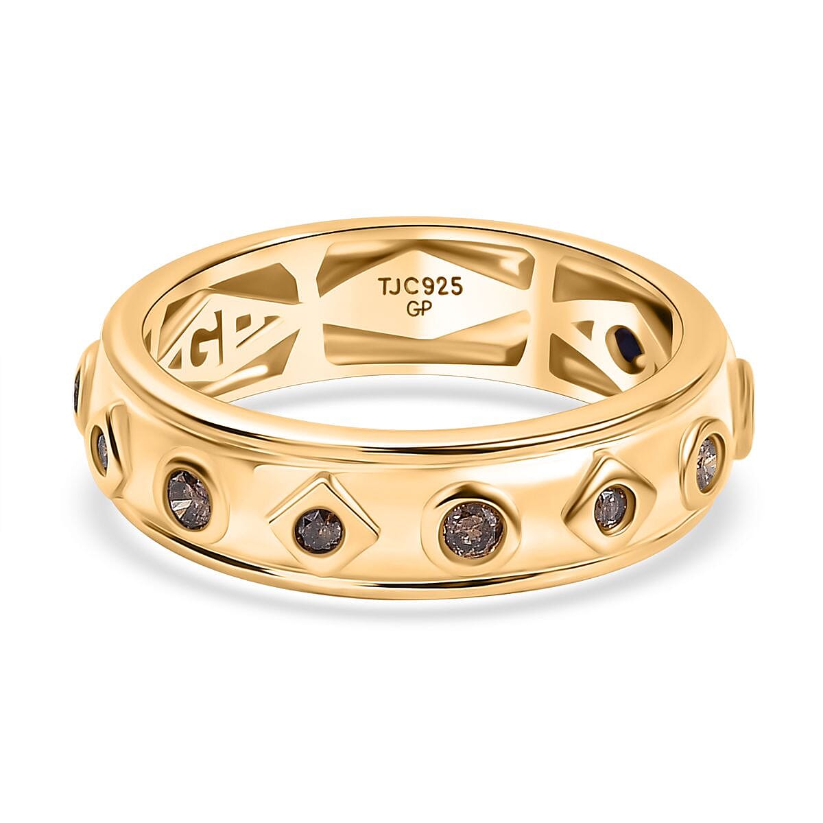 GP Art Deco Collection - Natural Champagne Diamond & Blue Sapphire Band Ring in 18K Vermeil Yellow Gold Plated Sterling Silver
