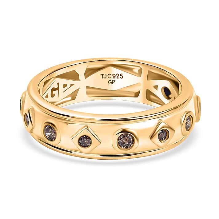 GP Art Deco Collection - Natural Champagne Diamond & Blue Sapphire Band Ring in 18K Vermeil Yellow Gold Plated Sterling Silver
