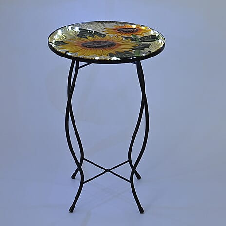 Handcrafted Sunflower Glass Top Garden Table with Solar Light (35.5x35.5x52.5cm) - Multicolor