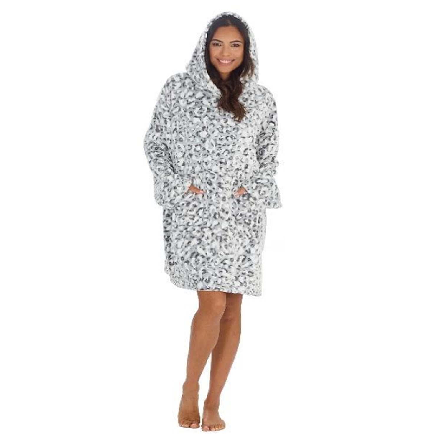 Ladies-Oversized-Poncho-With-Kangaroo-Pocket-White-Snow-Leopard