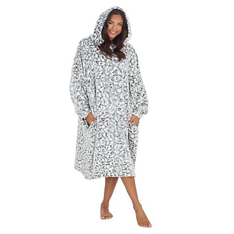 Ladies Oversized Hoodie With Kangaroo Pocket - White Snow Leopard