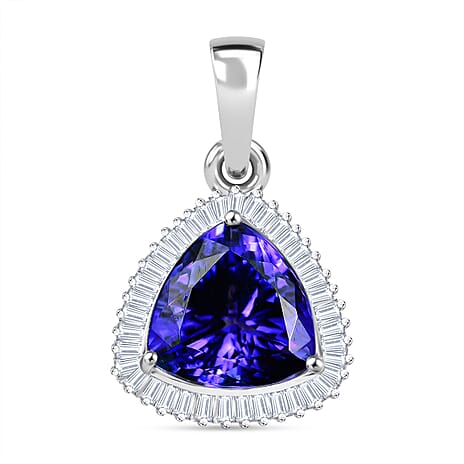 RHAPSODY 950 Platinum AAAA Trillion Tanzanite & White Diamond (VS-E-F) Halo Pendant 4.47 Ct.