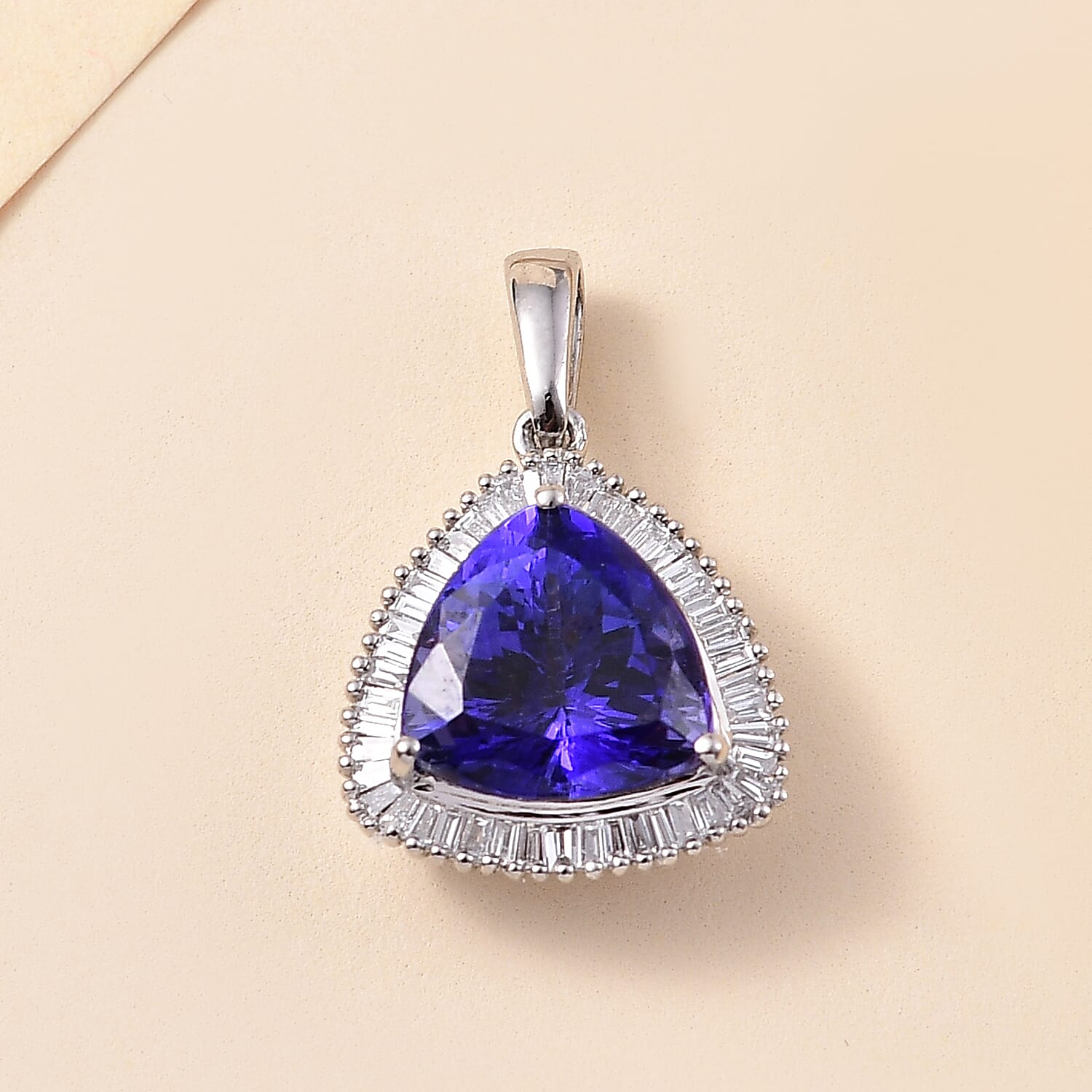 RHAPSODY 950 Platinum AAAA Trillion (4.00 Cts) Tanzanite & Natural Diamond (VS-E-F) Halo Pendant 4.47 Ct.