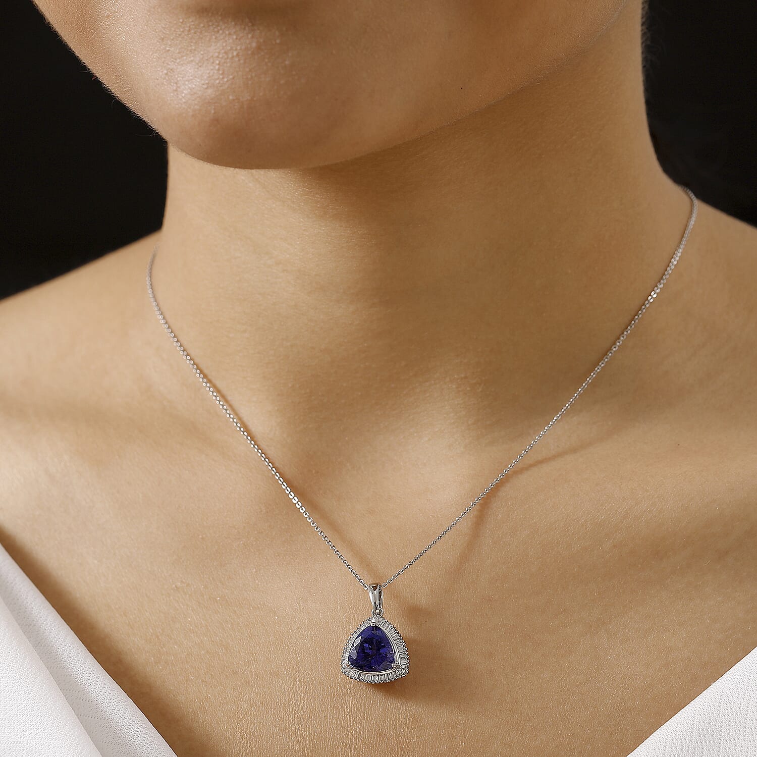 RHAPSODY 950 Platinum AAAA Trillion (4.00 Cts) Tanzanite & Natural Diamond (VS-E-F) Halo Pendant 4.47 Ct.