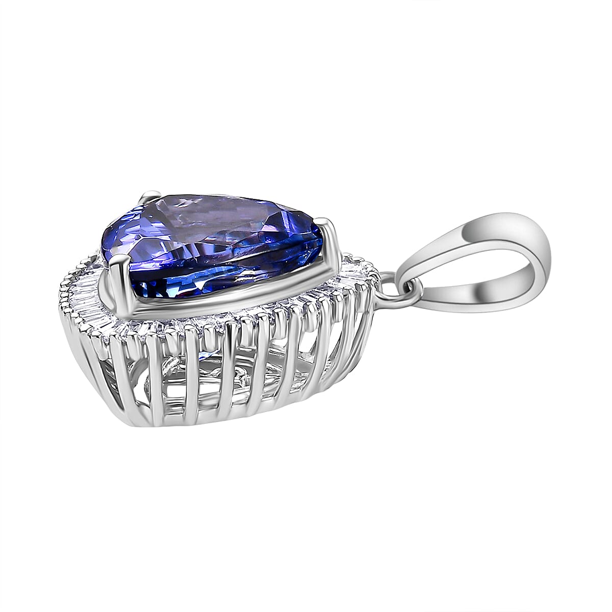 RHAPSODY 950 Platinum AAAA Trillion (4.00 Cts) Tanzanite & Natural Diamond (VS-E-F) Halo Pendant 4.47 Ct.