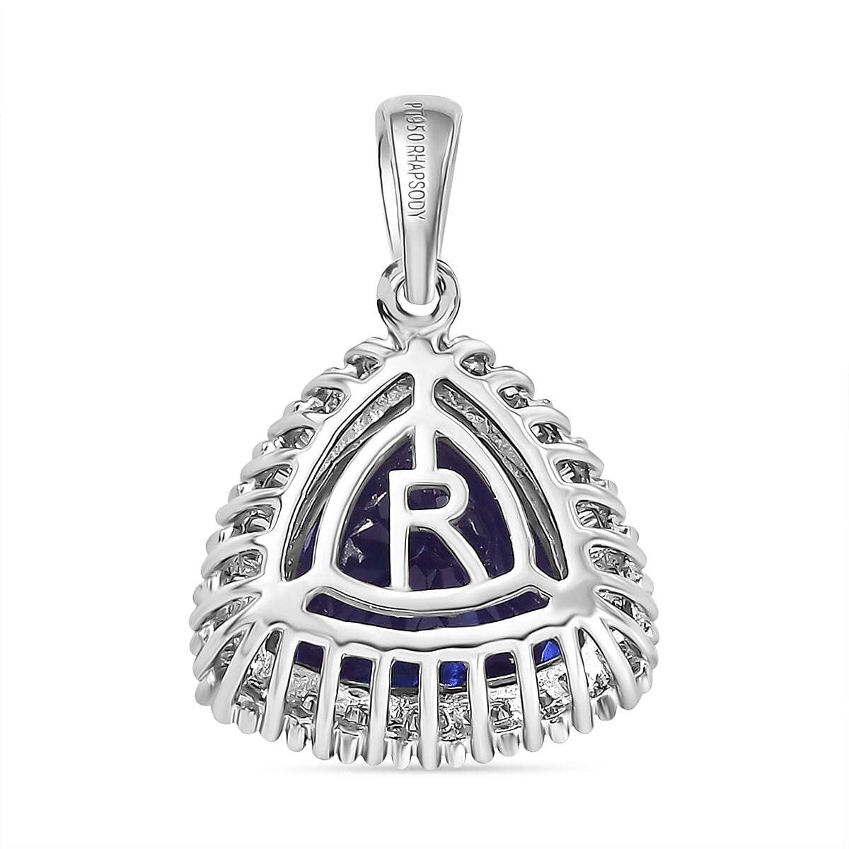 RHAPSODY 950 Platinum AAAA Trillion (4.00 Cts) Tanzanite & Natural Diamond (VS-E-F) Halo Pendant 4.47 Ct.