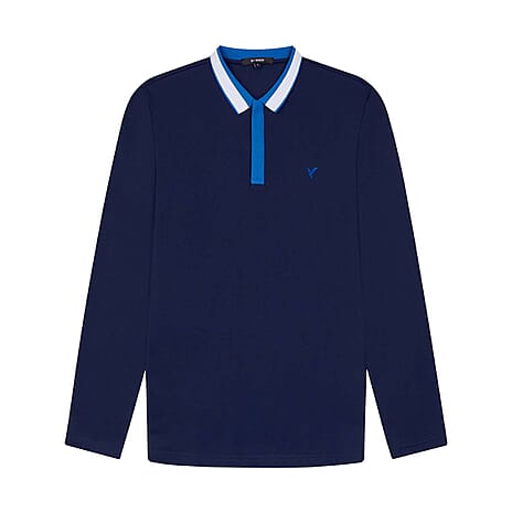 D Rock Stripe Collar Polo Shirt (Size M) - Navy