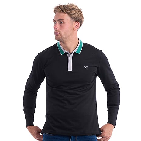 D Rock Stripe Collar Polo Shirt (Size L) - Black
