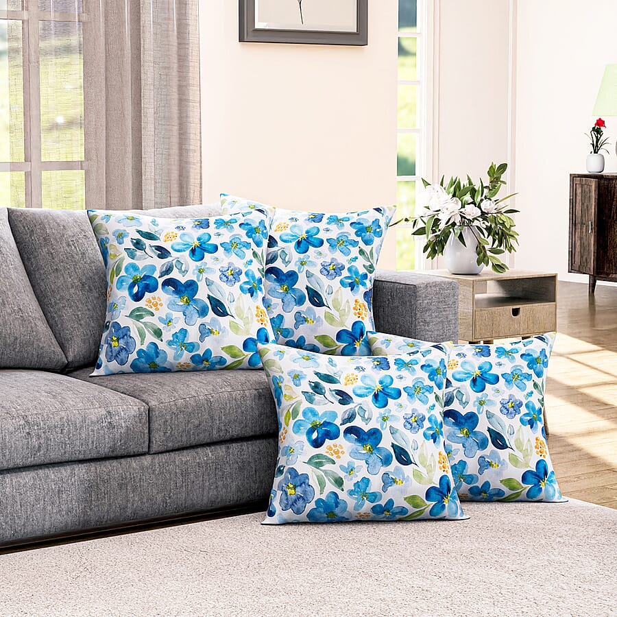 4-Piece Waterproof Outdoor Cushion Covers (Size 45x45cm) - Blue - Green Floral Print