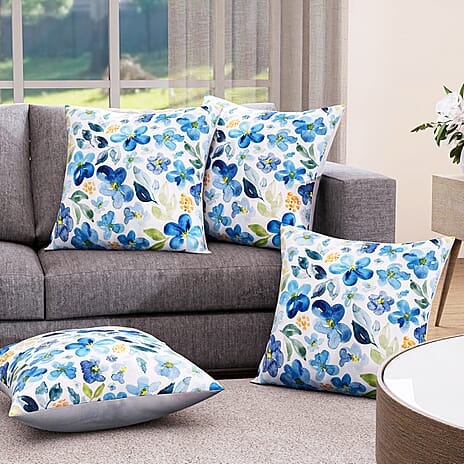 4-Piece Waterproof Outdoor Cushion Covers (Size 45x45cm) - Blue - Green Floral Print