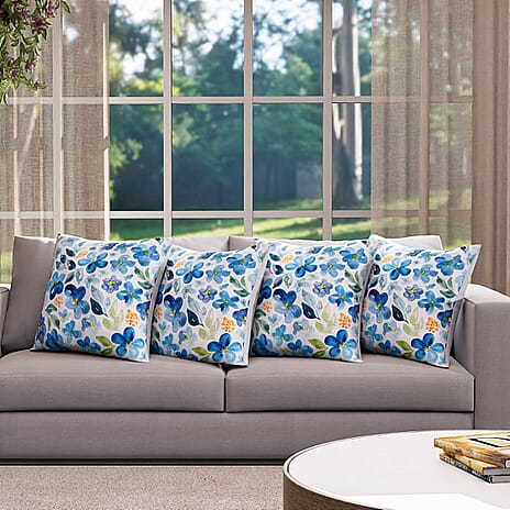 4-Piece Waterproof Outdoor Cushion Covers (Size 45x45cm) - Blue - Green Floral Print