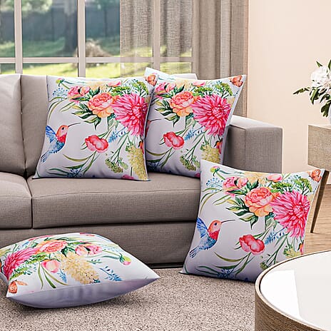 4-Piece Waterproof Outdoor Cushion Covers (Size 45x45cm) - Pink Floral - Hummingbird Print