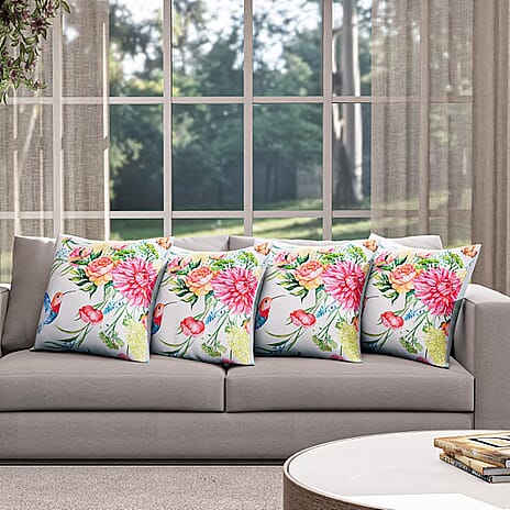 4-Piece Waterproof Outdoor Cushion Covers (Size 45x45cm) - Pink Floral - Hummingbird Print