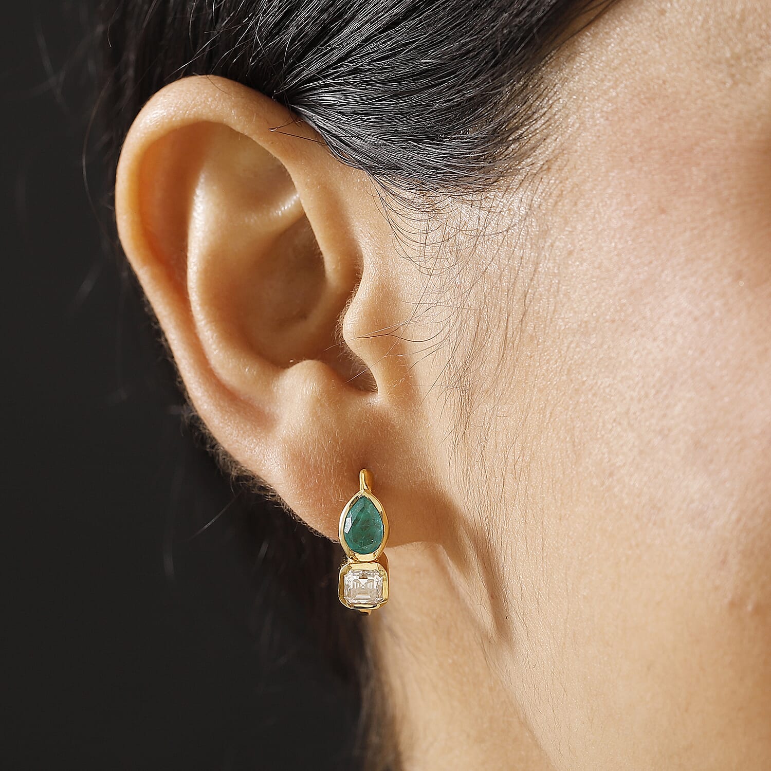 GP - Art Deco Emeraldine Quartz, Blue Sapphire & Moissanite  Hoop Earring in 18K Vermeil Sterling Silver 3.40 Ct.