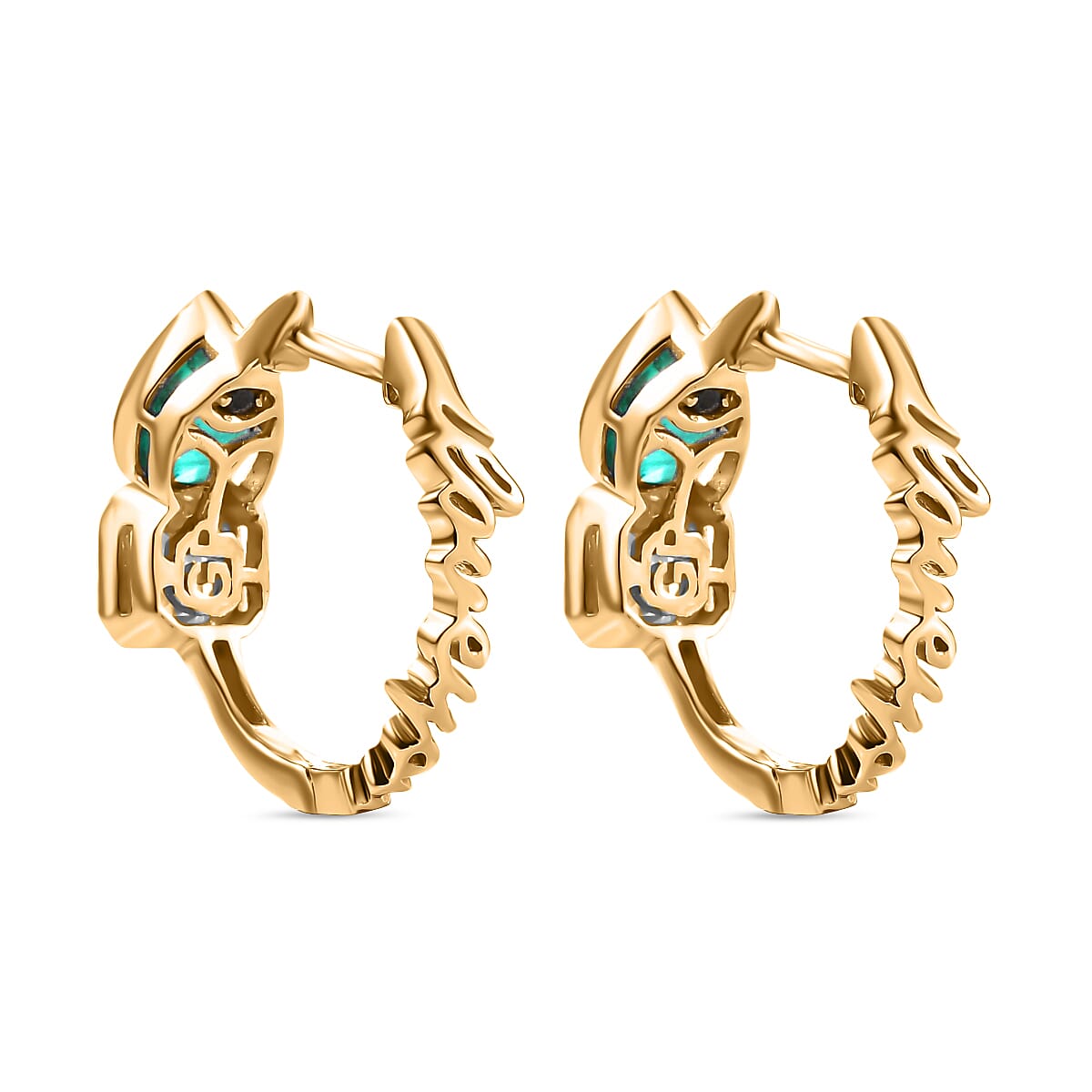 GP - Art Deco Emeraldine Quartz, Blue Sapphire & Moissanite  Hoop Earring in 18K Vermeil Sterling Silver 3.40 Ct.