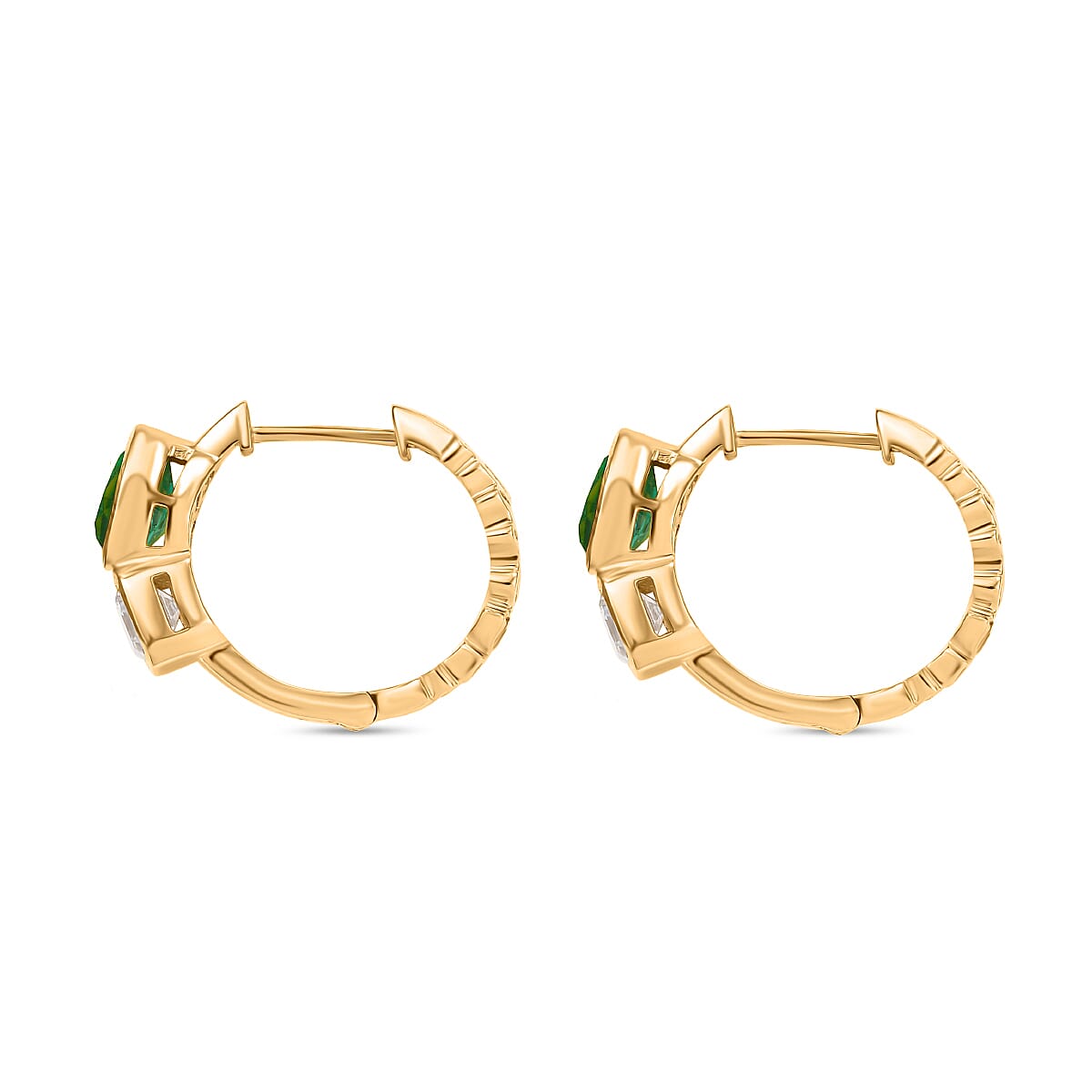 GP - Art Deco Emeraldine Quartz, Blue Sapphire & Moissanite  Hoop Earring in 18K Vermeil Sterling Silver 3.40 Ct.