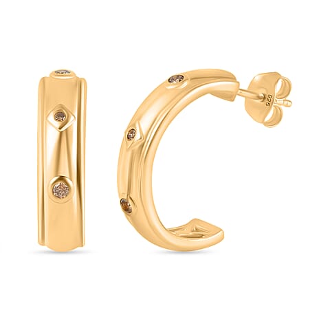 GP Art Deco Collection - Champagne Diamond & Kanchanaburi Blue Sapphire J Hoop Half Hoop Push Back Earring in 18K Vermeil Yellow Gold Plated Sterling Silver
