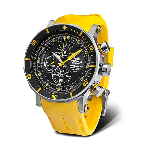 VOSTOK EUROPE Lunokhod-2 Yellow Quartz Movt. 20ATM WR Black Dial Mens Watch with Black - Yellow Leather Bracelet