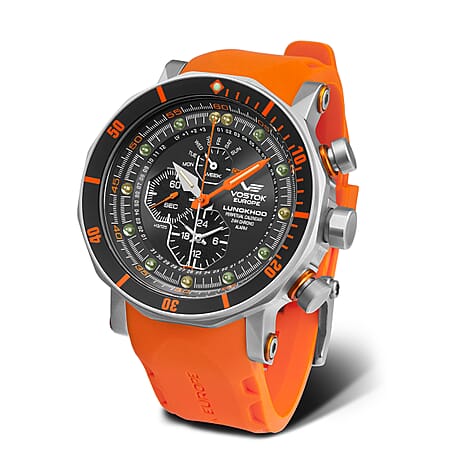 VOSTOK EUROPE Lunokhod-2 Orange Quartz Movt. 20ATM WR Black Dial Mens Watch with Black - Orange Leather Bracelet