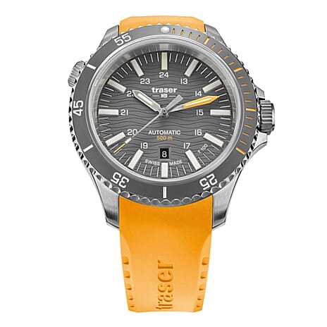 Traser Diver T100 Swiss Automatic Movt. 50ATM WR Grey Dial Mens Watch with Orange Colour Silicone Strap