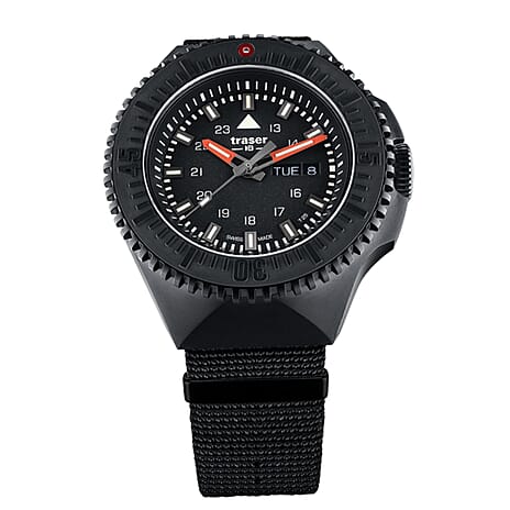 Traser Black Stealth Black P69 Swiss Quartz Movt. 20ATM Water Resistance Day Date Dial Mens Watch with Strap