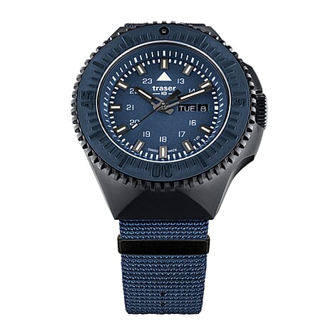 Traser Black Stealth Blue P69 Swiss Quartz Movt. 20ATM Water Resistance Day Date Dial Mens Watch with Strap