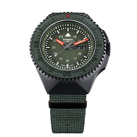 Traser Black Stealth Green P69 Swiss Quartz Movt. 20ATM Water Resistance Day Date Dial Mens Watch with Strap