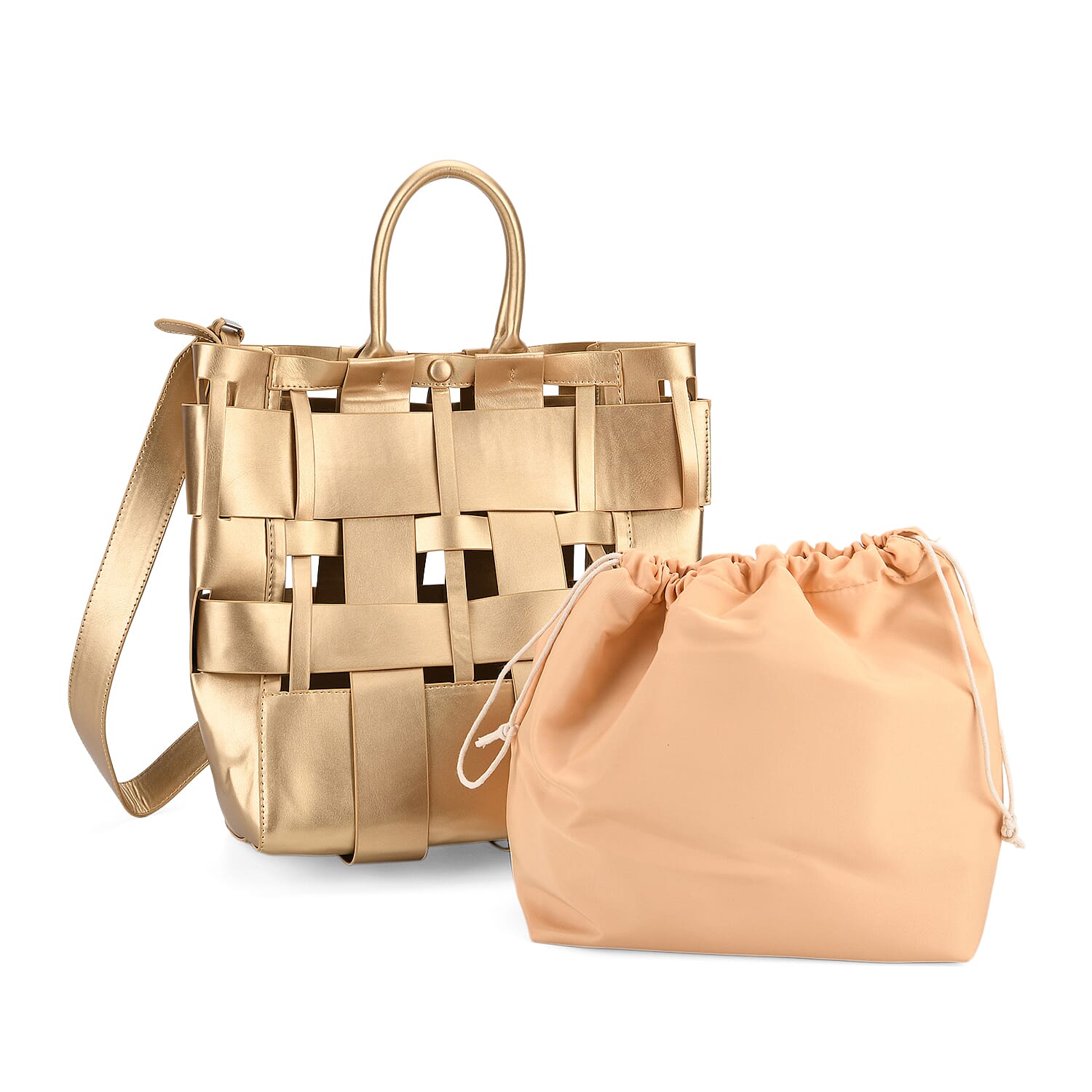 Hollow Woven Design Bucket Bag with Removable Drawstring Pouch - Gold