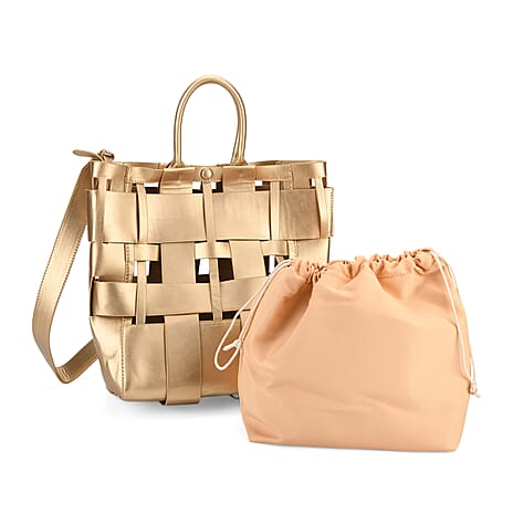 Hollow Woven Design Bucket Bag with Removable Drawstring Pouch - Gold