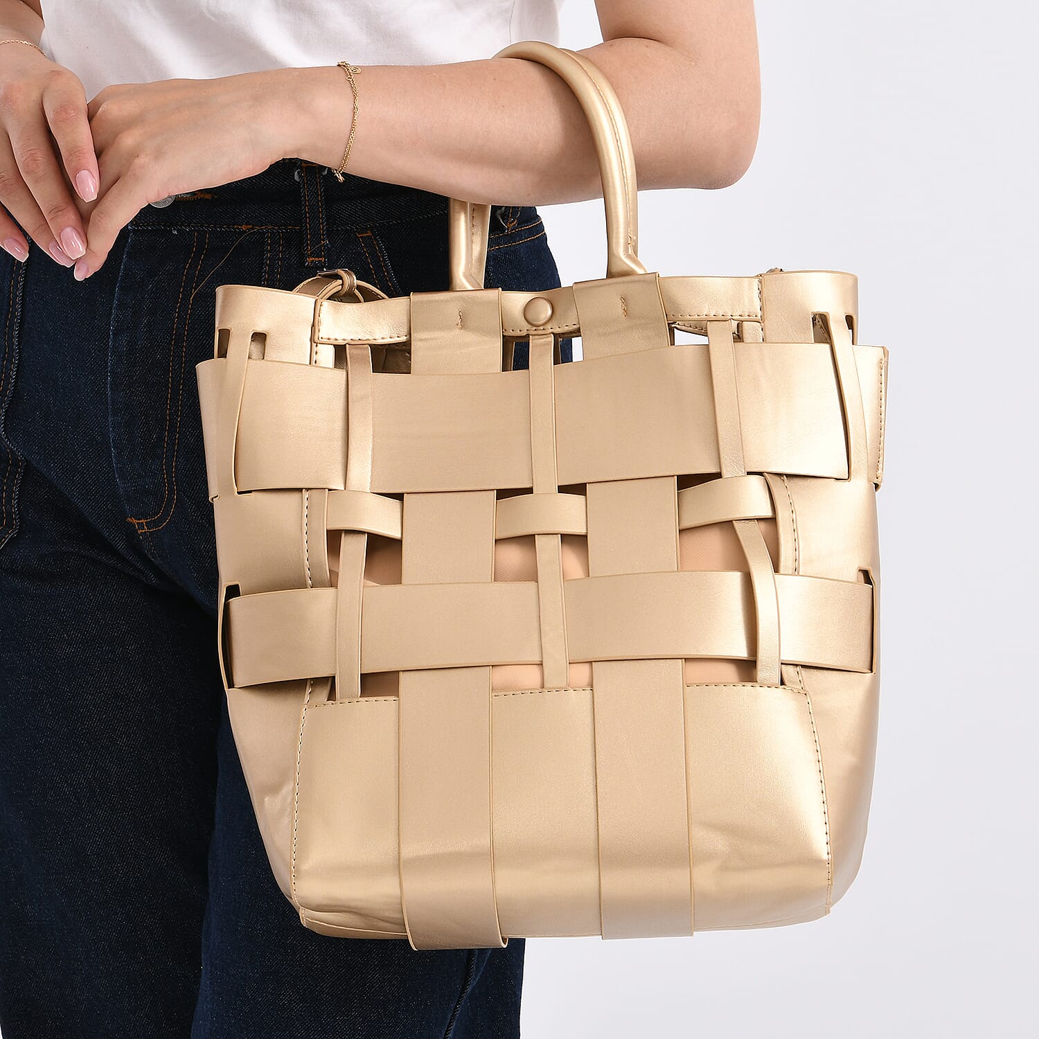 Hollow Woven Design Bucket Bag with Removable Drawstring Pouch - Gold