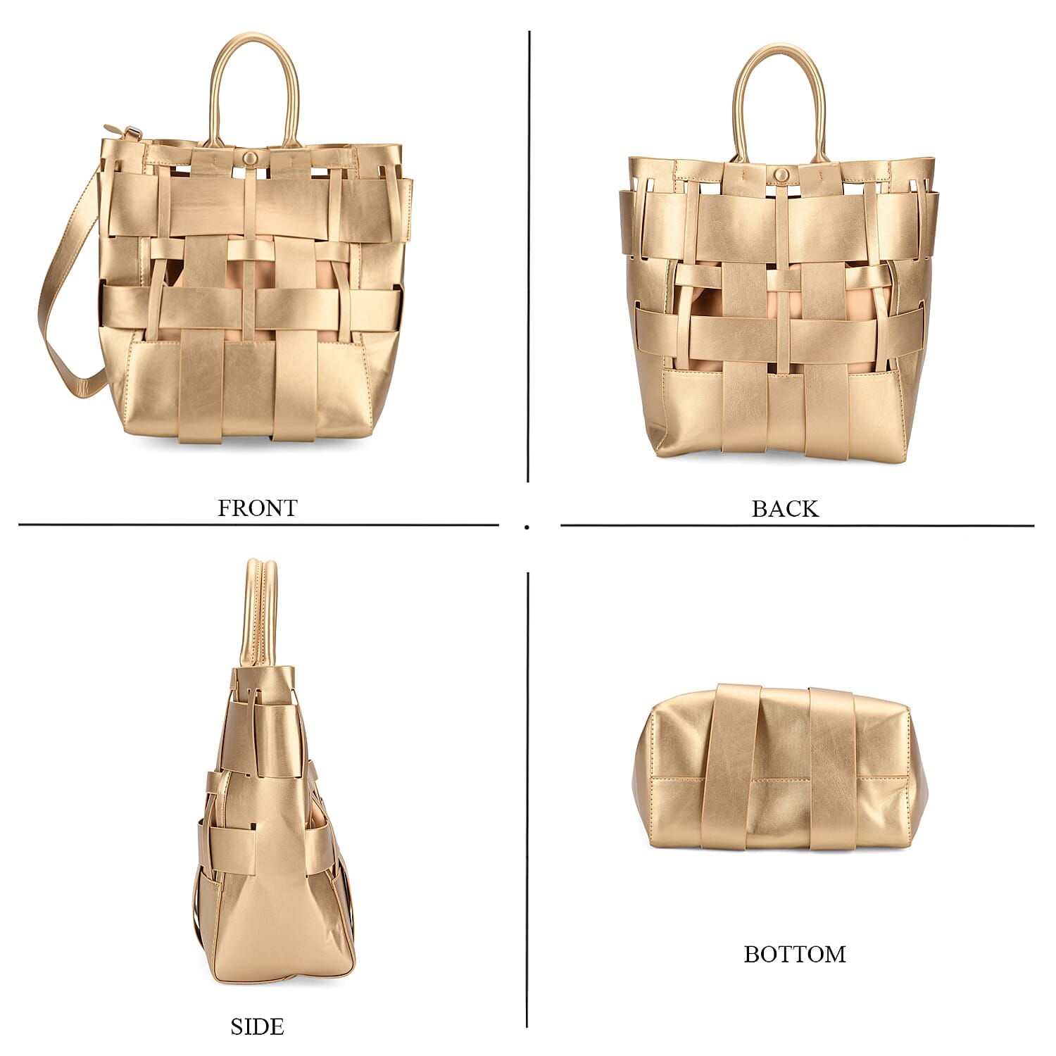 Hollow Woven Design Bucket Bag with Removable Drawstring Pouch - Gold