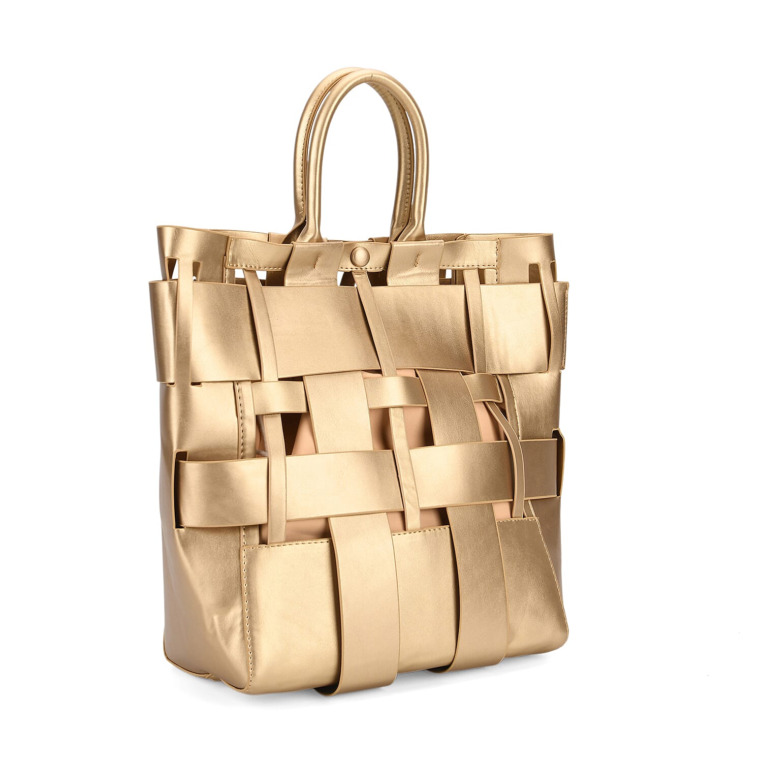 Hollow Woven Design Bucket Bag with Removable Drawstring Pouch - Gold