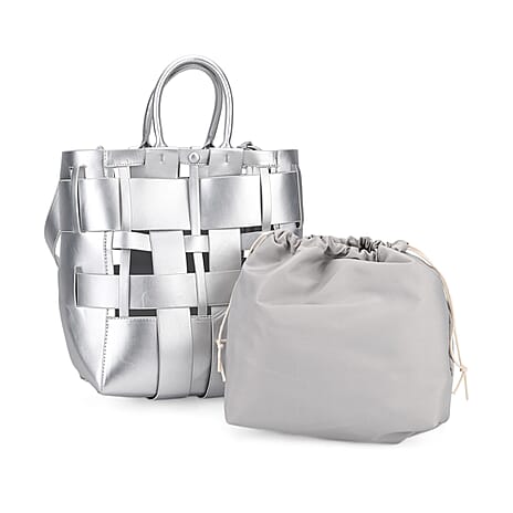 Hollow Woven Design Bucket Bag with Removable Drawstring Pouch - Silver