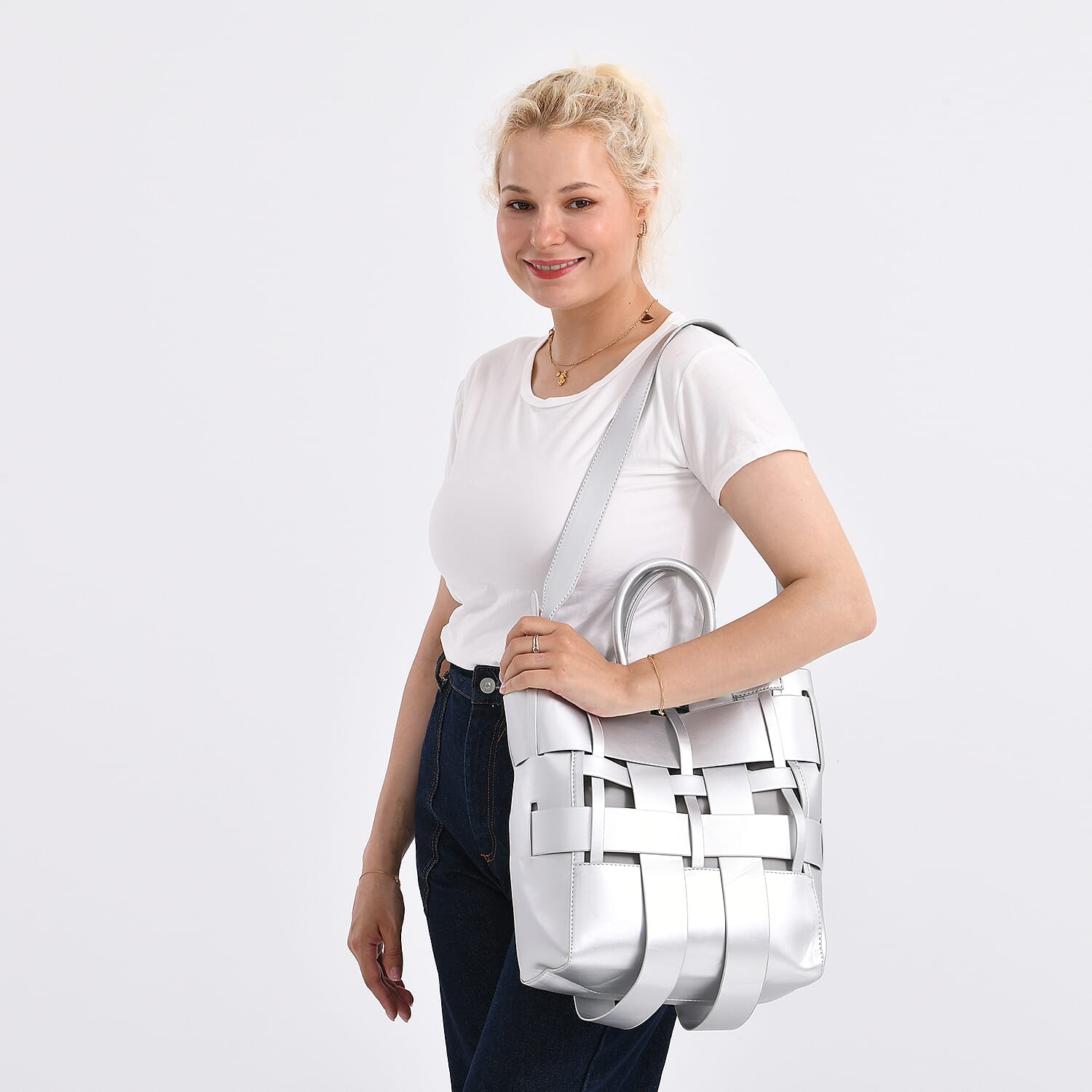 Hollow Woven Design Bucket Bag with Removable Drawstring Pouch - Silver