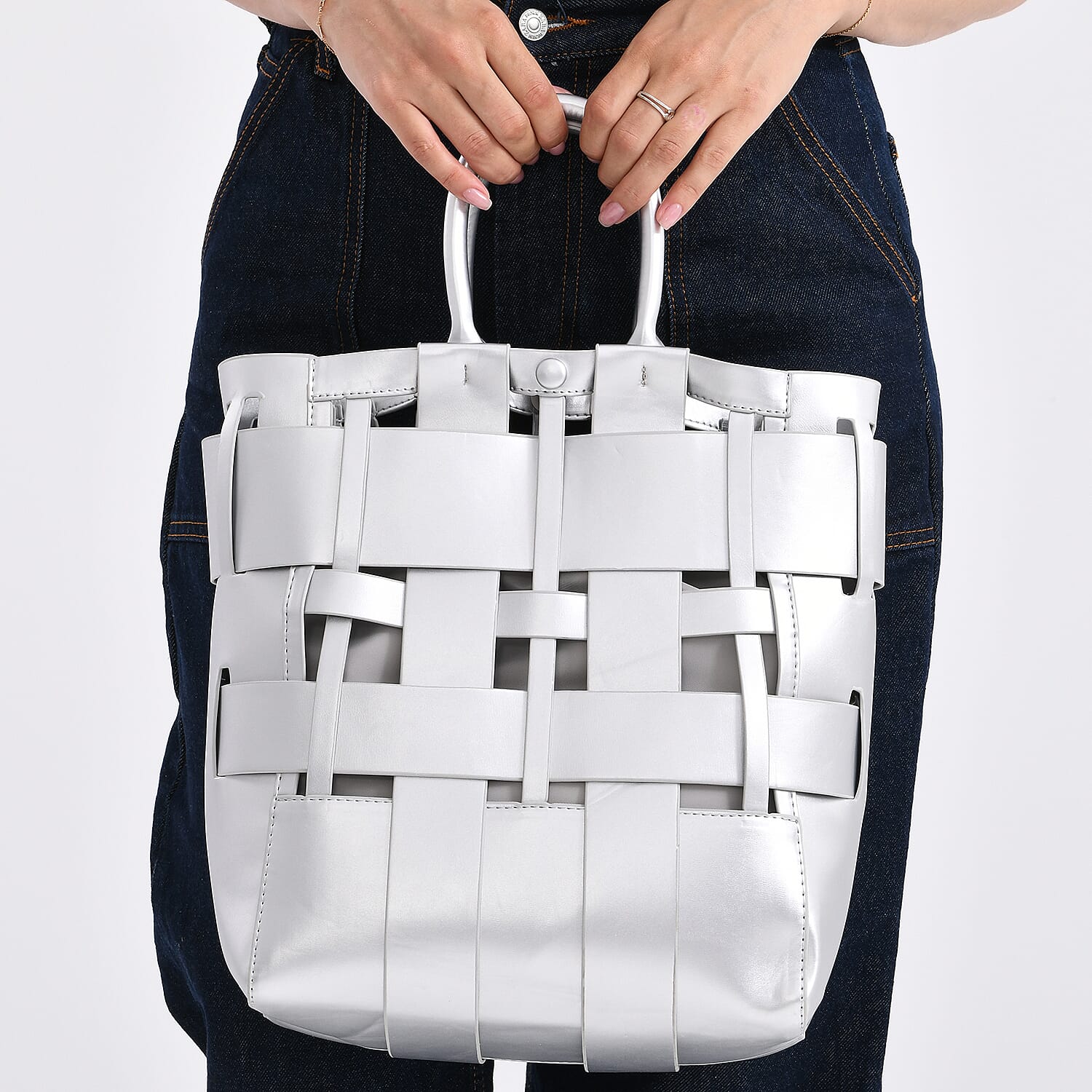 Hollow Woven Design Bucket Bag with Removable Drawstring Pouch - Silver