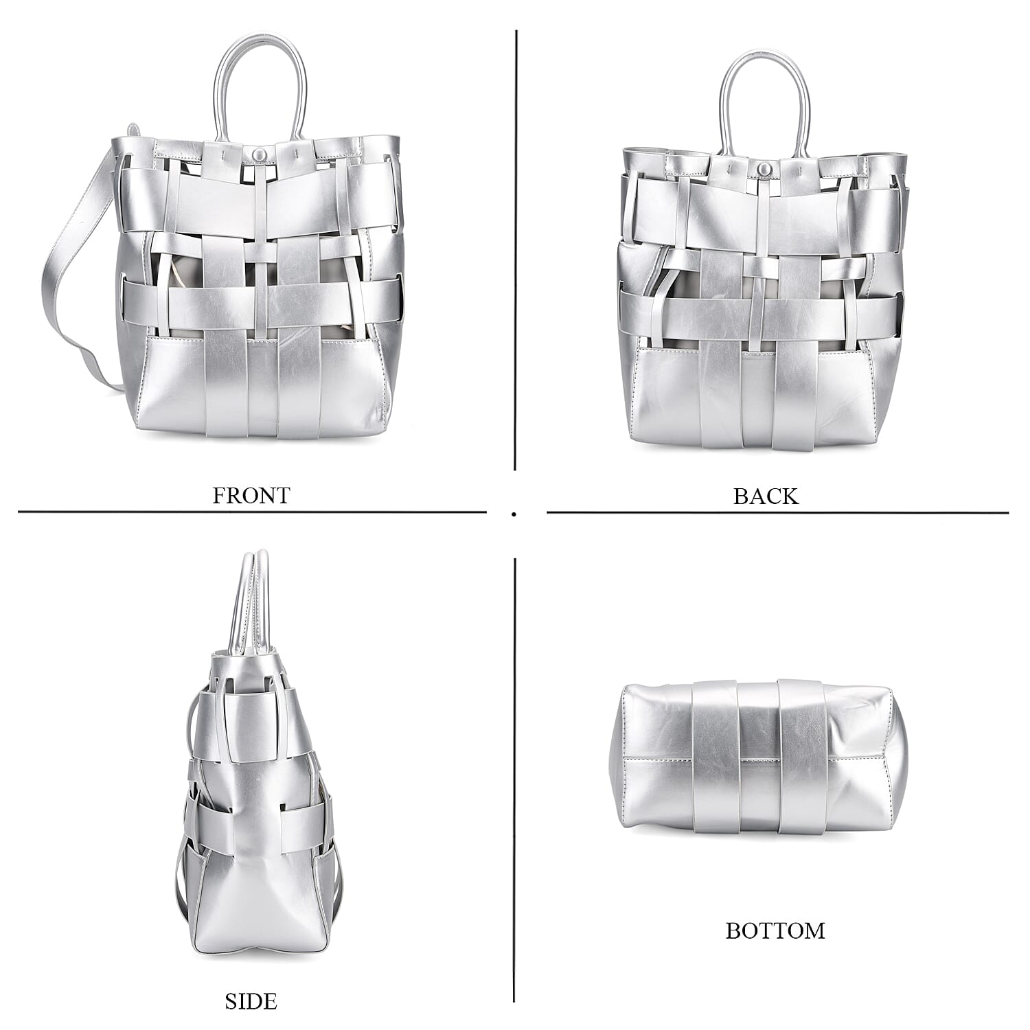Hollow Woven Design Bucket Bag with Removable Drawstring Pouch - Silver