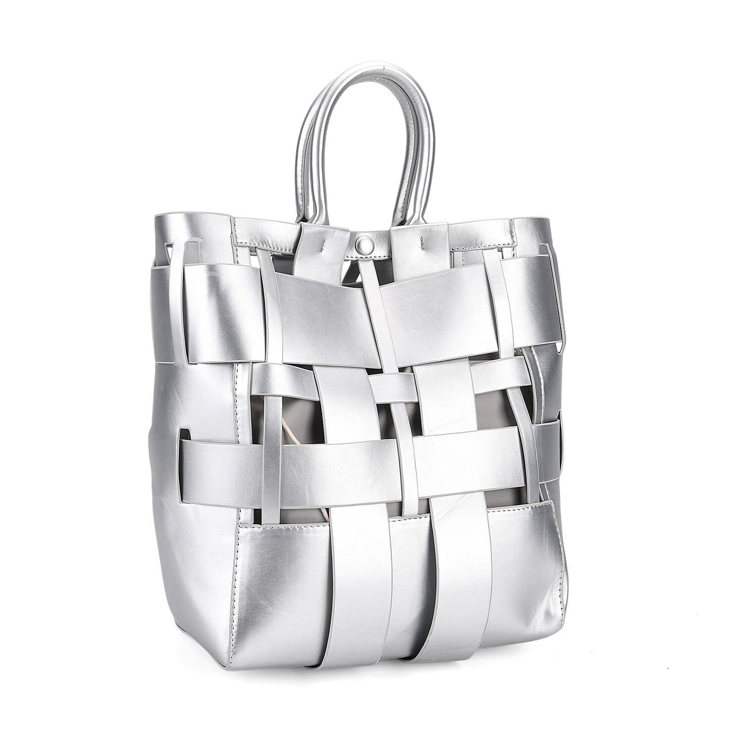 Hollow Woven Design Bucket Bag with Removable Drawstring Pouch - Silver