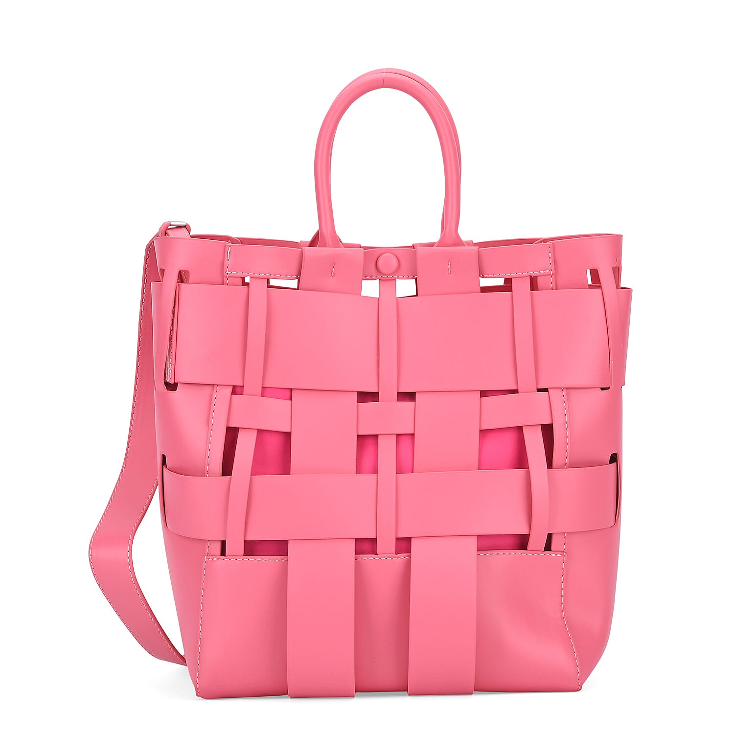 Hollow Woven Design Bucket Bag with Removable Drawstring Pouch - Rose Red